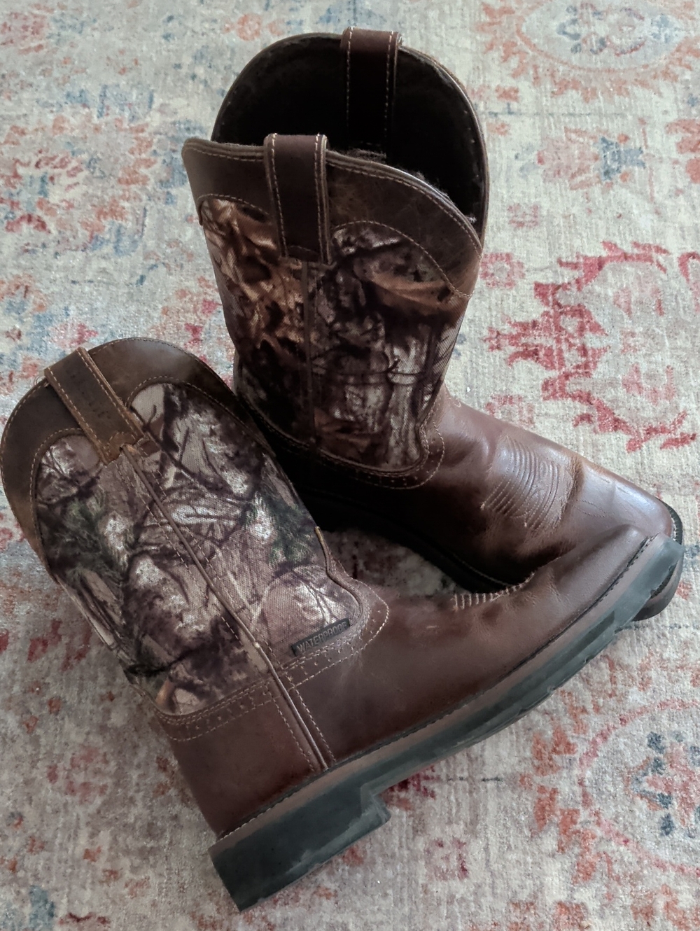Justin Boots Brown Leather Cowboy Boots with Camouflage Shaft